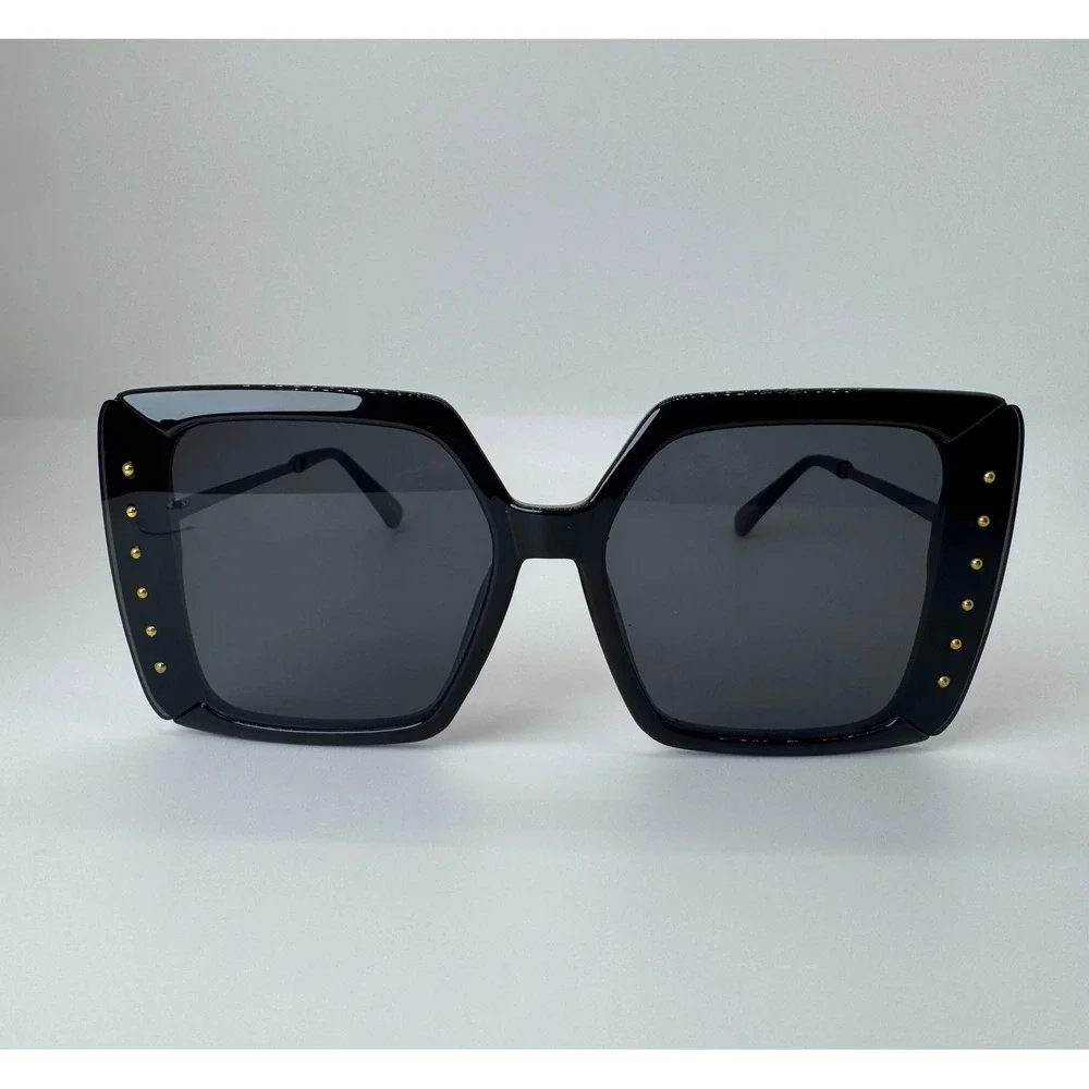 Womens Oversized Square Sunglasses Black Rhinestone Studded UV400 Protection